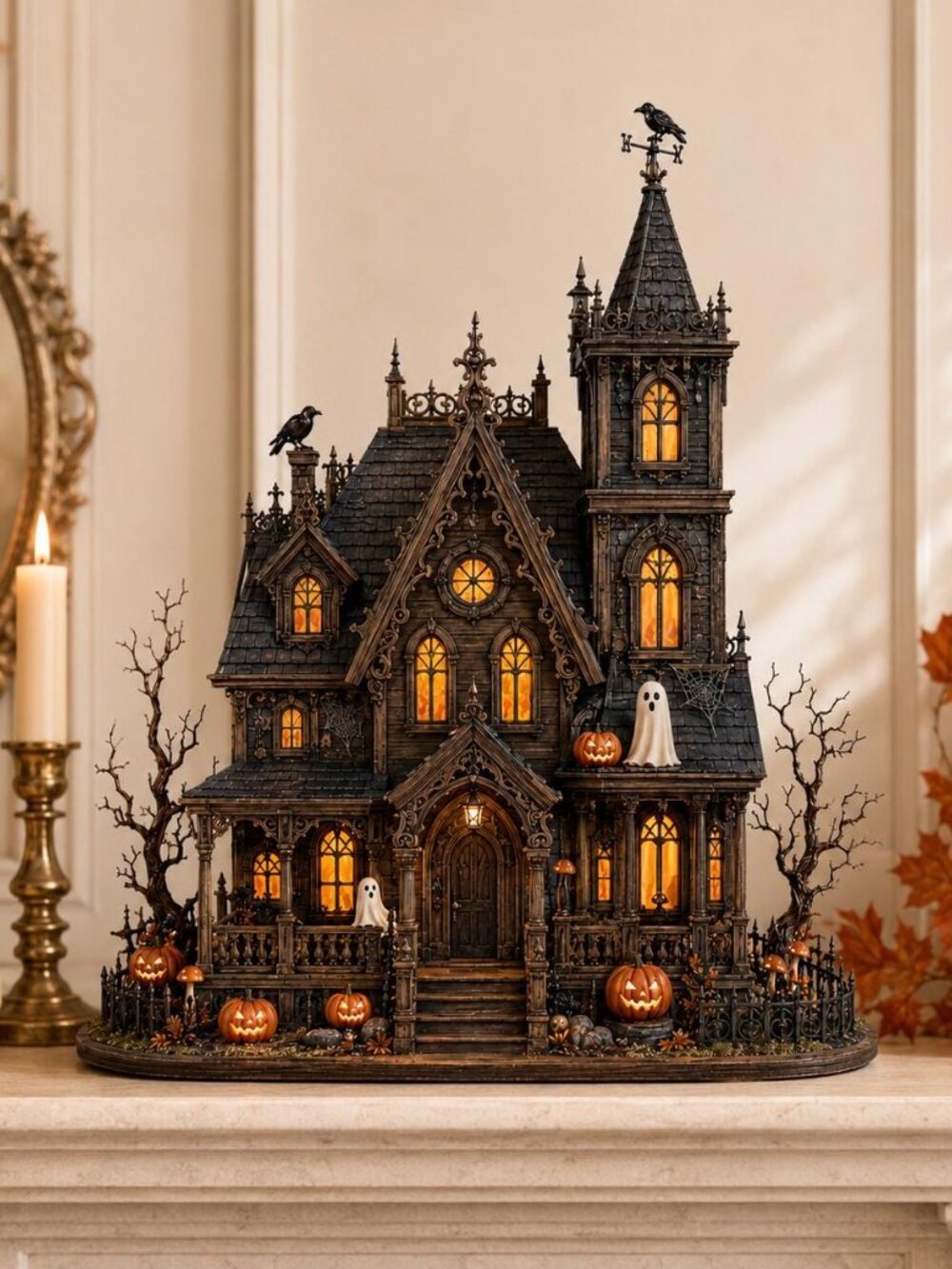 Haunted House Wooden Block, Gothic Halloween Mansion Shelf Decor